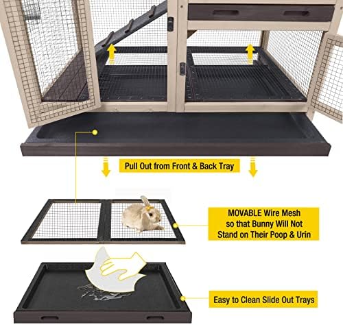 Aivituvin Upgrade Rabbit Cage Indoor Bunny Hutch with Run with Two Deeper No Leak Trays - 4 Casters Include for Outdoor (Coffee)