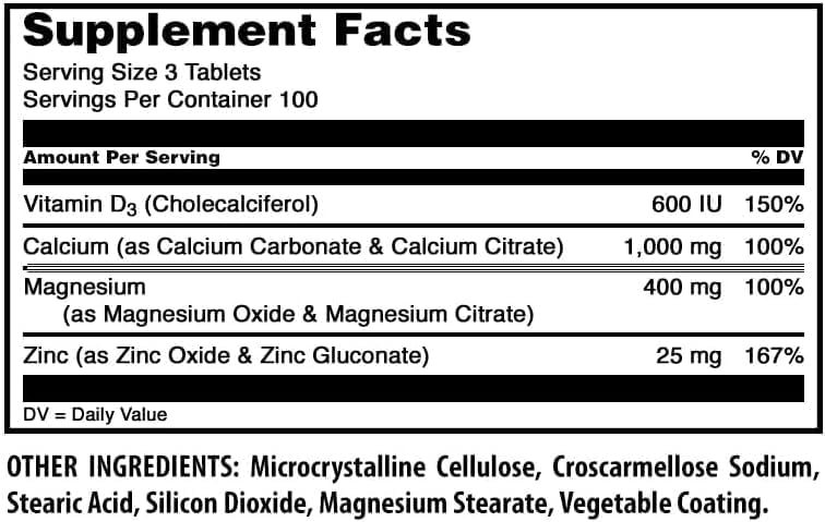 Amazing Formulas Calcium Magnesium Zinc D3-300 Tablets Per Bottle Supplement (Calcium 1000mg - Magnesium 400mg - Zinc 25mg Plus Vitamin D3 600 IU - Per Serving of 3 Tablets)