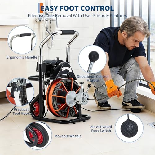 100FT x 3/8 Inch Drain Cleaning Machine with 10 Cutters & Air-Activated Foot Switch, Auto Feed Drain Snake Auger on Wheels