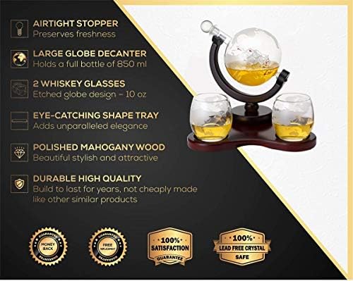 Whiskey Globe Decanter Set with 2 Glasses in Gift Box - Whiskey decanter for Liquor, Whiskey, Brandy, Gin, Rum, Tequila, Vodka