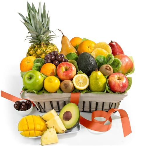A Gift Inside Fresh Fruit Basket with Tropical Fruit, Pears, Apples & Dried Fruit – Gourmet Fruit Gift Basket for Every Occasion