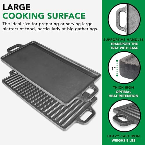 ProSource 2-in-1 Reversible 19.5” x 9” Cast Iron Griddle with Handles, Preseasoned & Non-Stick for Gas Stovetop, Oven and Open Fire.