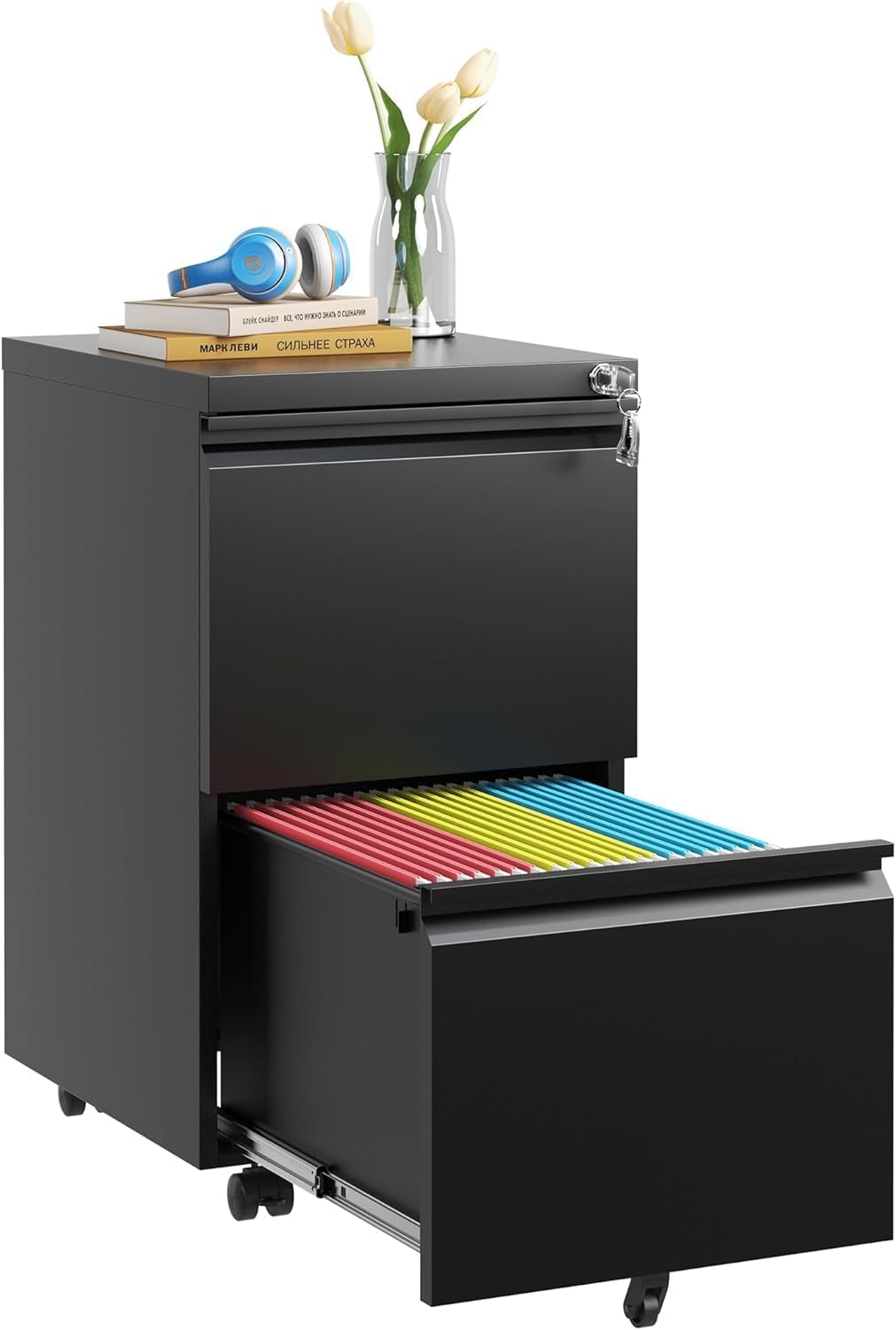 Guizeeopo 3 Drawer File Cabinet with Lock, File Cabinets for Home Office,Under Desk Cabinet, Locking File Cabinet for A4/Letter/Legal, Fully Assembled Expect Casters, Matte White