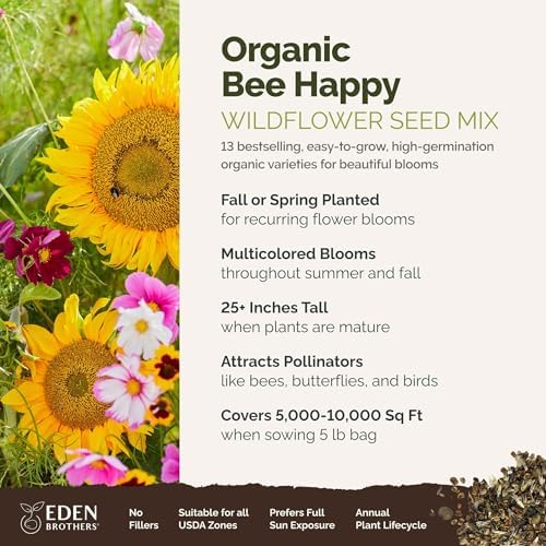 Eden Brothers The Bees Knees Pollinator Wildflower Seed Mix, 1/4 lb (135,000+ Seeds) Throw and Grow - 100% Pure, No Fillers - 18-Variety Non-GMO Annual + Perennial, Covers up to 1,100 SqFt, Zones 3-10