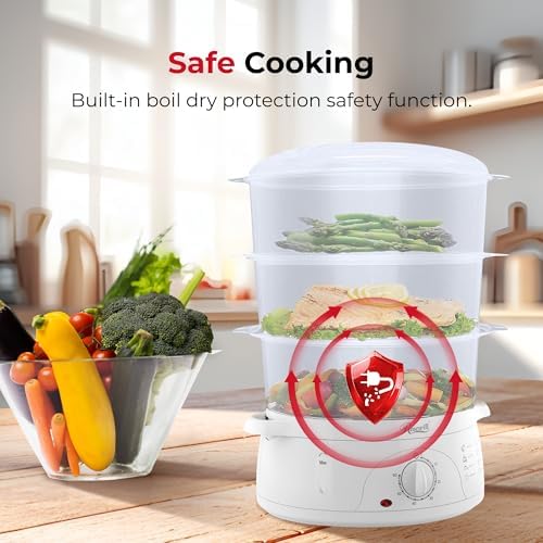 Rosewill Electric Food Steamer with 3 Tiers BPA-Free Stackable, Dishwasher Safe Baskets, 800W with fast steam heating within 40s