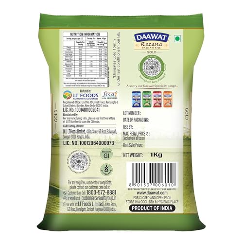 Daawat Rozana Gold Basmati Rice | Naturally Aged Long-Grain Rice | Fluffy & Non-Sticky | Ideal for Everyday Meals, 1 kg (2.2 lb)