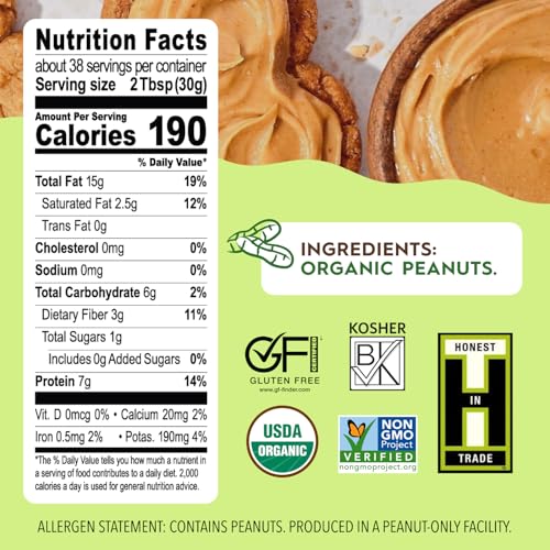 Once Again Organic Crunchy Peanut Butter No Sugar Added - Single Ingredient, Unsalted, Natural Peanut Butter No Palm Oil - Glass Jar, Non-GMO, Gluten Free - Chunky, Unsweetened - 1 Jar (16 oz)