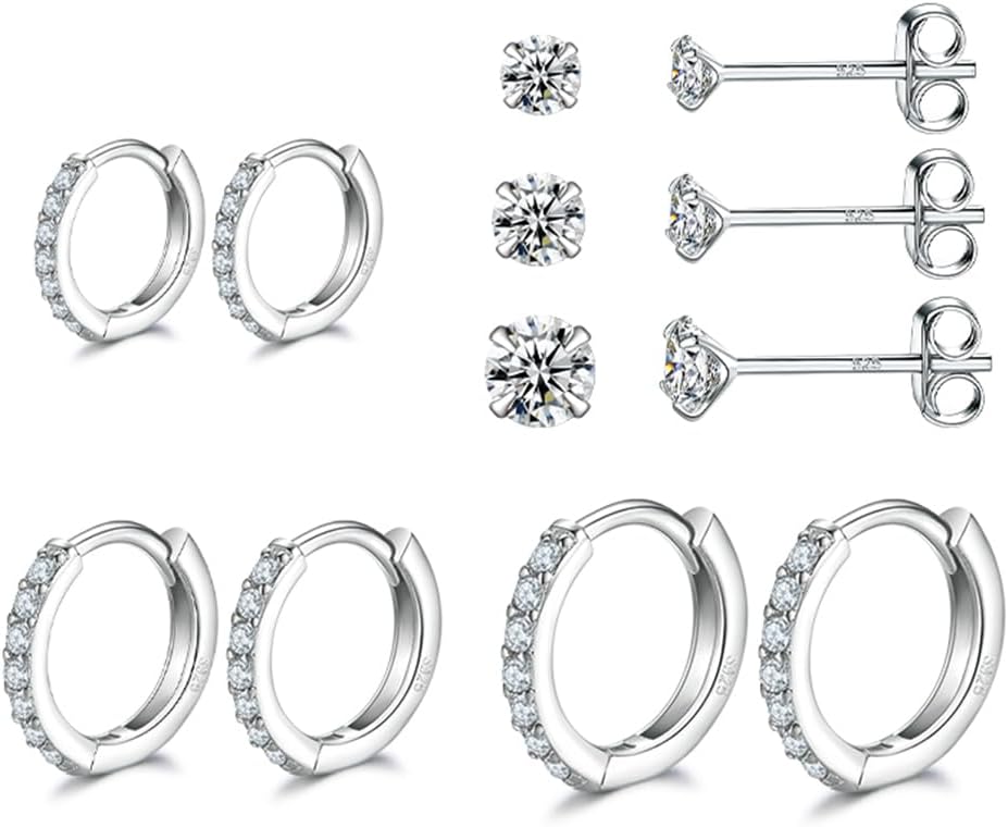 Dlihc 6 Pairs Sterling Silver Hoop and Stud Earrings Set for Women Men
