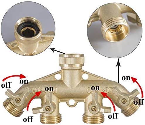 Hourleey Brass Garden Hose Splitter (4 Way), Solid Brass Hose Connector 3/4", Hose Spigot Adapter 4 Valves with 4 Extra Rubber Washers