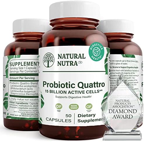 Natural Nutra Probiotic Quattro, 50 Vegetarian Capsules | Advanced Probiotic Supplement, 4 Powerful Strains Including Lactobacillus Acidophilus, Bifidus, Supports Digestive