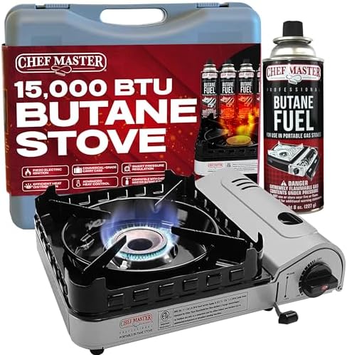 Chef Master 15,000 BTU Butane Portable Camp Stove | Double Wind-Guard Portable Stove Burner w/Piezo Click Ignition for Emergencies, Tailgating, Hiking, Backpacking & Camping Essentials - 90019