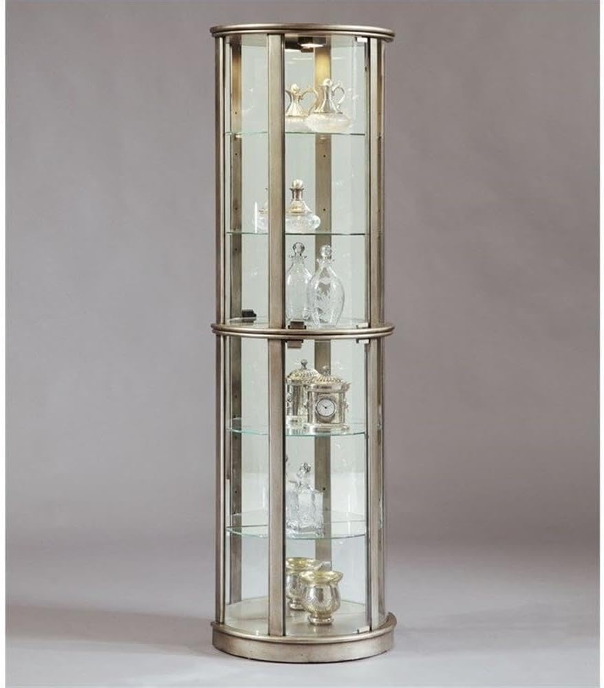 Lighted Hardwood Half Round 5 Shelf Curio Cabinet in Aged Silver Finish