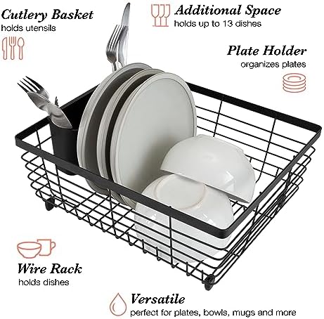 Kitchen Details Flat Wire Countertop or Over The Sink Dish Drying Rack with Cutlery Basket | Holds up 10 Dishes | Mugs | Kitchen Accessories | Black
