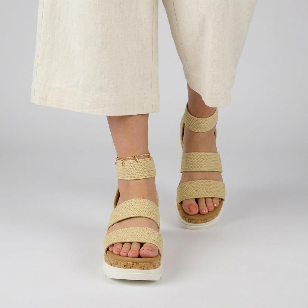 CUSHIONAIRE Naomi Cork Wedge Sandals for Women – Soft Stretch Straps Comfortable Platform Sandals for Women with Memory Foam Insole