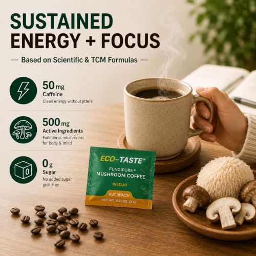 ECO-TASTE Mushroom Coffee Mix for Focus, 12 Sachets