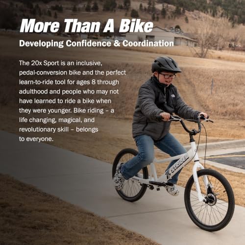 Strider 20x Convertible Balance Bike, Easy Assembly, Ages 8+, White | Lightweight Aluminum Frame with Kickstand, No-Pedal, Dual Drum Handbrakes