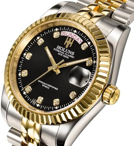41MM Men's Gold Plated Stainless Steel Waterproof Quartz Watch Luxury Wristwatch with Date Week Display
