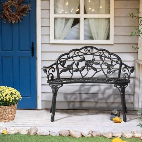 VINGLI 38.5" Patio Park Garden Outdoor Metal Rose Bench, 2-Person Cast Iron Cast Aluminium Frame Antique Finish Chair,Accented Lawn Front Porch Path Yard Decor Deck Furniture (Bronze, Rose)