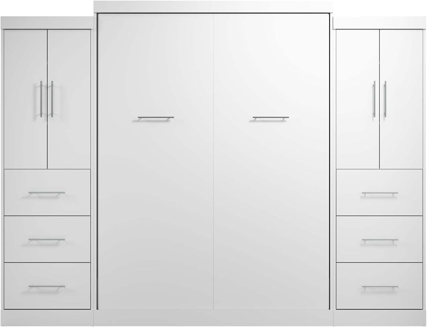 Bestar Nebula Queen Murphy Bed with 2 Wardrobes (115W) in White, Sleeping Arrangement and Closet Organizers for Multipurpose Room | 2 Wardrobes; supports up to 1000 lb; min. ceiling height 91.1 in.; dual piston mechanism; 10-year warranty