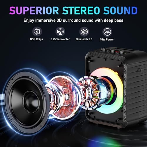 JYX Karaoke Machine for Adults & Kids with 2 Wireless Microphones, Portable Bluetooth Speaker with LED Lights, Supports USB/TF Card/AUX for Party
