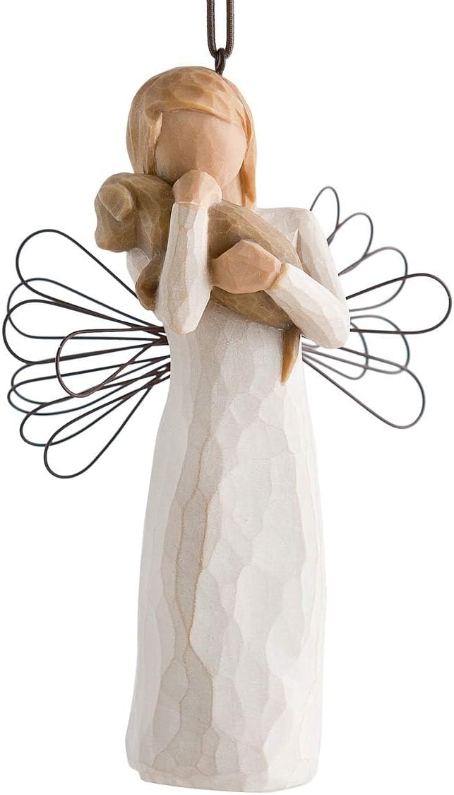 Willow Tree Angel of Friendship Ornament, Sculpted Hand-Painted Figure | Angel Holding a Brown Dog, Cream Dress and Wire Wings, Gift of Friendship
