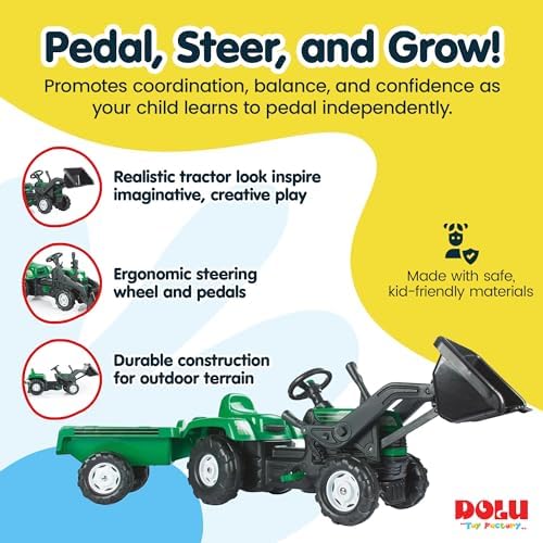 DOLU Pedal Operated Ride On Tractor for Kids with Full Ranchero Trailer, Indoor Outdoor Toy Vehicle with Front Loader & Hauling Trailer for Ages 3–6