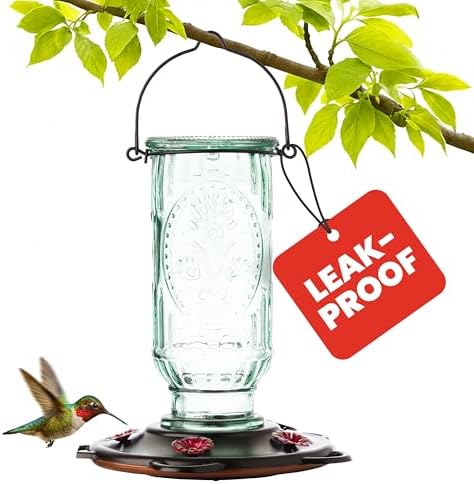 More Birds Vintage Glass Hummingbird Feeder, 20 oz Nectar Capacity | 5 Red Flower-Shaped Feeding Ports, Antique Aqua-Tinted Design