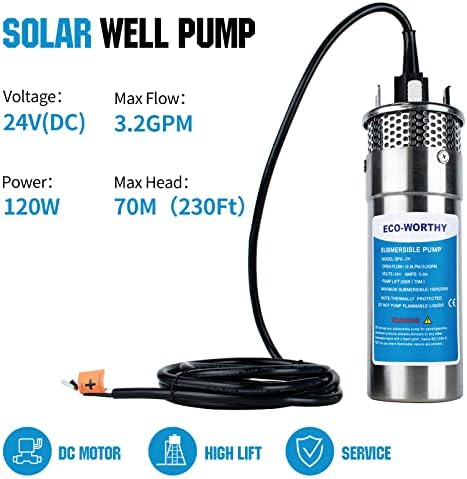 ECO-WORTHY 24V Submersible Deep Well Water Pump with 10ft Cable 1.6GPM 4'' 5A, Max Lift 230ft/70m, DC Pump/Alternative Energy Solar Battery Farm & Ranch Submersible Deep Well Pump