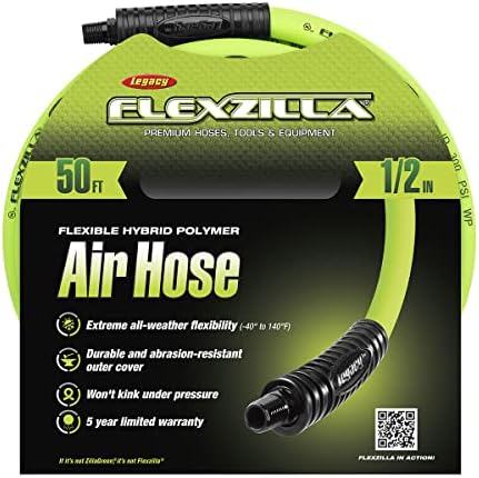 Flexzilla Air Hose, 3/8 in. x 50 ft., 3/8 in. MNPT Fittings, Heavy Duty, Lightweight, Hybrid, ZillaGreen - HFZ3850YW3