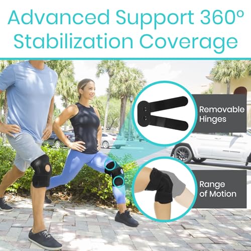 Vive Hinged Knee Brace - Relieves ACL, MCL, Meniscus Tear - Lightweight, Comfortable, Breathable Open Patella Wrap with Side Stabilizers - for Women & Men - Adjustable Strap for Tendonitis | Comfortable, Breathable Open Patella Wrap with Side Stabilizers…