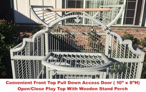 Large Elegance and Durable Wrought Iron Open Play Top Stand Bird Parrot Rolling Cage, Include Metal Seed Guard Solid Metal Feeder Nest Door (White Vein, 24.0" L x 22.0" W x 63.0" H)