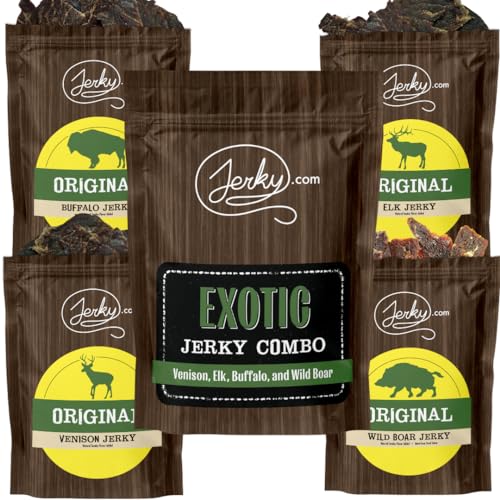Jerky.com Exotic Jerky Variety Pack | 4pc Wild Game Snacks Sampler with Venison, Elk, Buffalo & Wild Boar | High Protein, Keto, Exotic Jerky Gifts for Men | Gifts for Men & Hunters | Venison, Elk, Buffalo & Wild Boar, High Protein, Keto Friendly, Exotic…