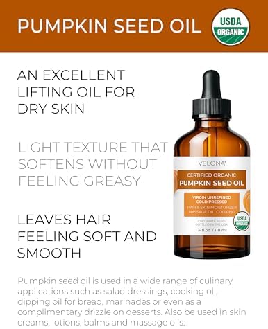 velona Pumpkin Seed Oil USDA Certified Organic - 4 Fl Oz | 100% Pure and Natural Carrier Oil | Unrefined, Cold Pressed | Cooking, Face, Hair