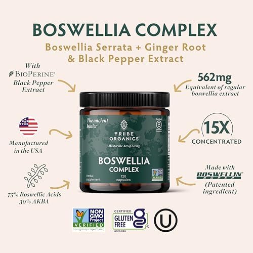TRIBE ORGANICS Boswellia Serrata Complex Supplement for Joint Support, Muscle Relief - Vegetarian Non-GMO 120 Capsules