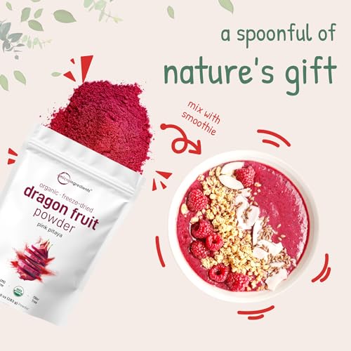Micro Ingredients Organic Dragon Fruit Powder, 10oz | Natural Fruit Flavor | Freeze-Dried Pink Pitaya Source | No Sugar & Additives | Great for Drinks