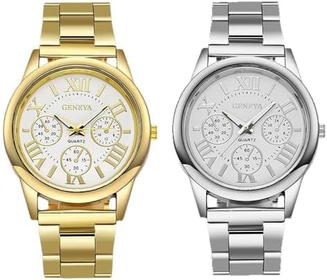 Women Girls Wholesale 2 Pack Watch Set Roman Numerals Dial with 3 Decorated Small Sub-dials Men Business Stainless Steel Quartz Analog Wrist Watches