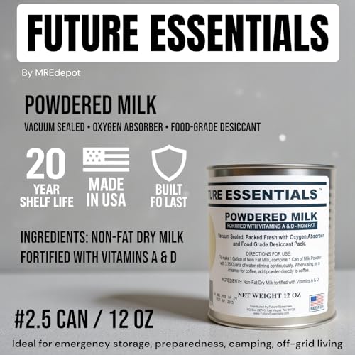 Future Essentials Canned Instant Nonfat Dry Milk Powder – 20-Year Shelf Life Non Fat Dry Powdered Milk with Vitamins A & D – Ideal for Emergency