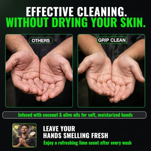Grip Clean Heavy Duty Hand Cleaner For Mechanics, Natural Pumice, 64 Oz | Clay Infused, Grease, Oil, Grime Remover, Moisturizing Coconut Olive Oils, Lime Scent, For Shop, Garage, Industrial Use
