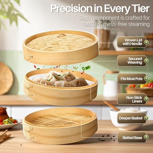 Flexzion Bamboo Steamer Basket Set (8 inch), 50 x Steamer Liners and 2 Pairs of Chopsticks, Steam Baskets for DimSum Dumplings, Rice, Vegetables