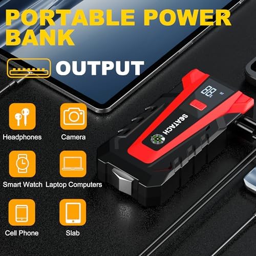 Scatach 6000A Car Battery Jump Starter,12V Portable Jump Starter Battery Pack (up to 9.0L Gasoline and 7.0L Diesel Engine), Jump Box with 3 Modes Flashlights, Jumper Cables, LED Display