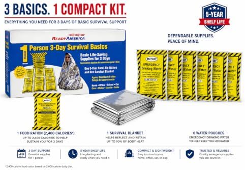 Ready America 3000, 1-Person 3-Day Survival Box, Food Water Blanket | 2400 Calorie Food Bar, Water Pouches, Emergency Blanket, Heat-Retaining Shelter