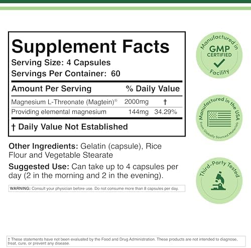 Magnesium L-Threonate 2,000mg Magtein, Natural Sleep Support, 120 Capsules | Cognitive Function, Neurological Health, Sleep + Memory Support, 90-Day Supply, MIT Patented Magtein Form, Third-Party Tested