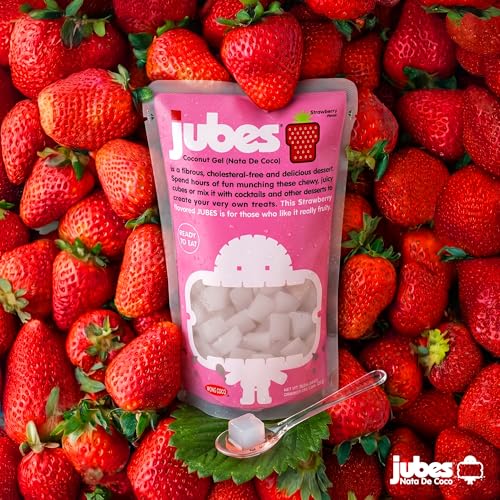 Jubes Strawberry Nata De Coco Jelly Cubes (12.7 oz, Pack of 3) - Strawberry Coconut Jelly Cubes for Sago - Coconut Gel in Syrup Toppings for Fruit Tea, Boba, Bubble Tea, Drinks, Desserts Yogurt, Ice Cream, Beverage