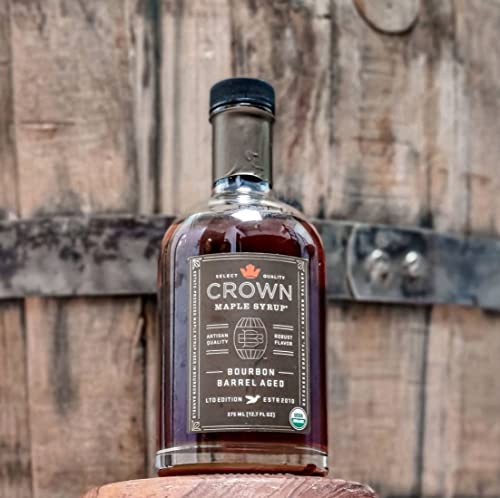 Crown Maple Organic Bourbon Barrel Aged Maple Syrup, Pancakes, Flavor Cocktails, Marinades and Sauces, 12.7 Fl Oz