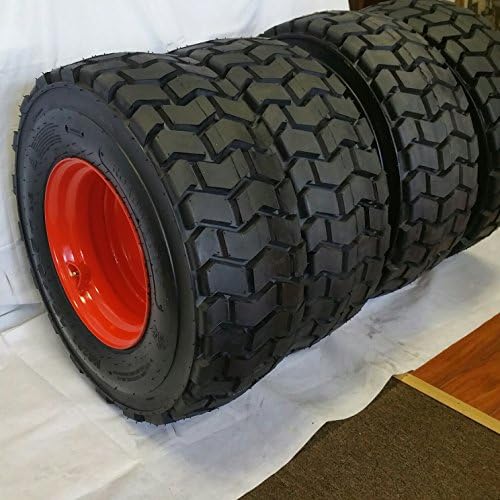 Set of Four (4) 12-16.5 ROAD CREW RS102 14 PLY Skid Steer Loader Tire with Orange Color Rims mounted, RS-102