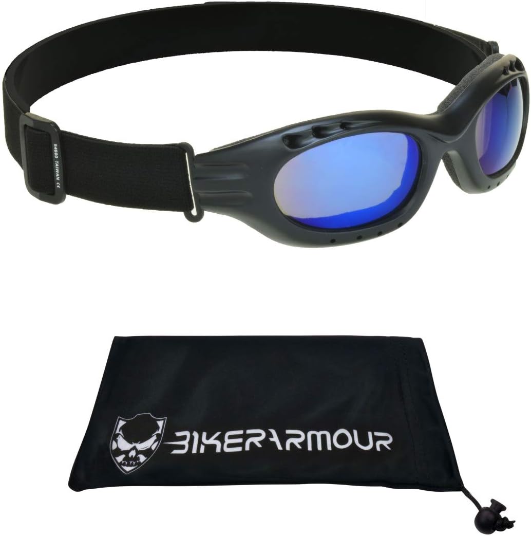 Bikershades Motorcycle Safety Riding Goggles Men Women. Polarized Lens, Smoke, Mirrored Blue or Orange, Clear Yellow Lenses