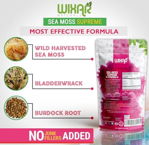 Wixar Wildcrafted Sea Moss Powder – (8 Ounces) – Natural Irish Sea Moss and Bladderwrack with Burdock Powder - Thyroid Support, Healthy Skin
