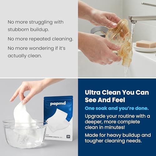 PAPMD CPAP Dissolvable Cleaning Sheets Pro, Light-Moderate Buildup | 30 PCS | Unscented & Dissolvable CPAP cleaning supplies for mask, hose & chamber. Unscented soak & rinse — no scrubbing, no residue.