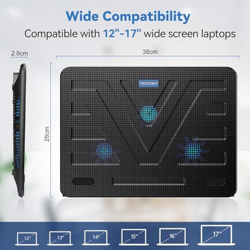 TECKNET Laptop Cooling Pad, Portable Slim Laptop Cooler for 12"-17" Laptops | 60% High-Efficiency Cooling, Whisper-Quiet Design, Dual USB Ports, LED Working Indicator, Alloy Material Mesh