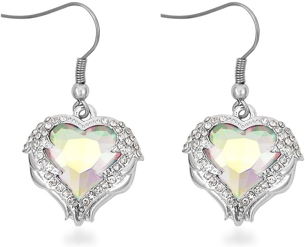 Mystic Color Glass Crystal Heart Pendant Necklace 24-26"Earrings